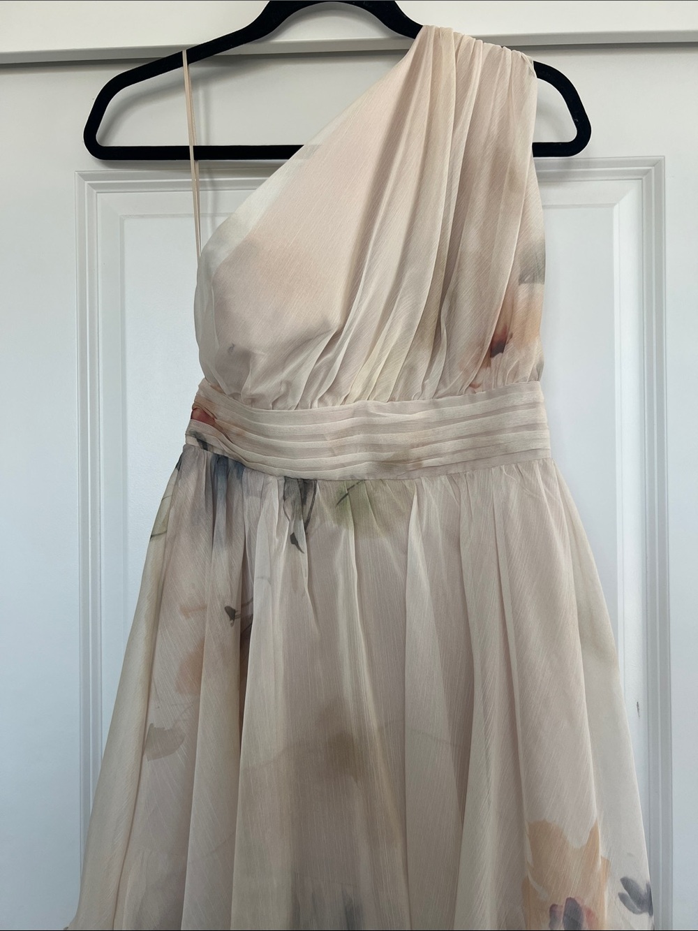 One-Shoulder Tiered Floral Chiffon Gown - Ivory Blush
